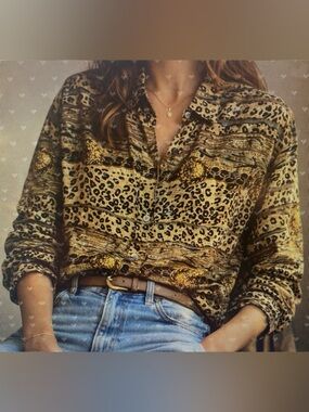 Vintage Giovanni Silk Blouse Leopard Print Oversized Button Down Brown Gold S